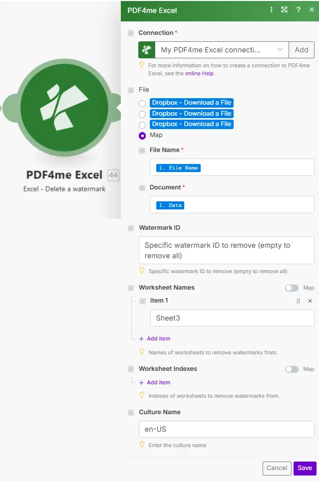 O módulo Make PDF4me Excel Remove Watermark exibe o nome do arquivo e o documento mapeados do módulo anterior, o campo ID da marca d'água e a matriz de nomes das planilhas.